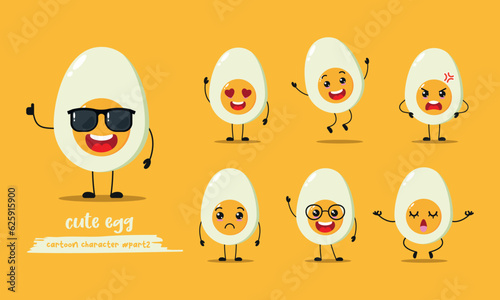 Cute boiled egg wear sunglasses character. Funny half egg emoticon in flat style. Different Face Expression Emoji vector illustration.