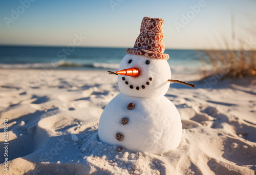 Snowman enjoying an unconventional beach day  generative AI