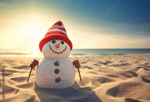 Unusual Sight  Snowman in Beach Attire with Skis and Hat  Generative AI