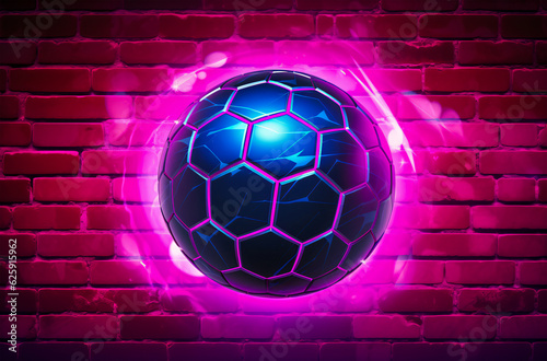 Vibrant Neon-Lit Soccer Ball Illuminating a Brick Wall - Generative AI