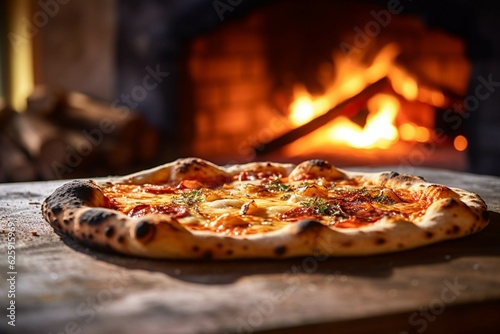 Pizza on a wooden table in front of a fire in a fireplace © Samira