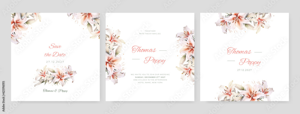 Elegant wedding invitation card template set with watercolor and floral decoration. Flowers background for social media stories, save the date, greeting, rsvp, thank you