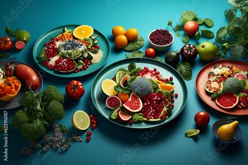 Photography of healthy food on colorful and nutritious plates, Generative AI