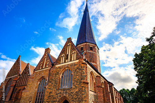 View to the brick facade of a historic church in Salzwedel, Germany.