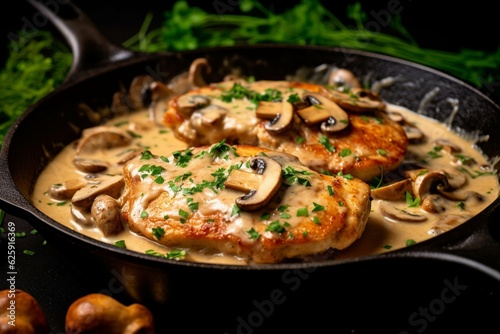 Chicken fillet with mushrooms in creamy sauce on a black background.
