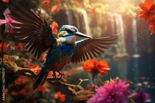 Photography of birds in their natural habitats with vibrant plumage, Generative AI