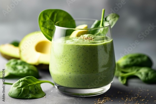 Glass of tasty green smoothie with spinach on grey table, closeup