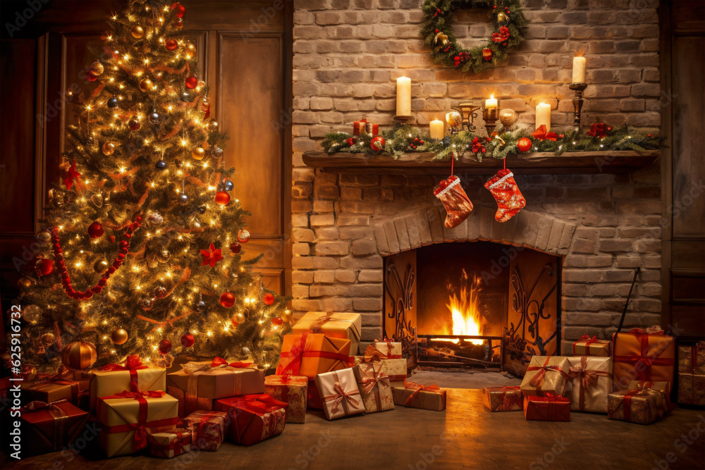 Cozy Holiday Scene: Fireplace, Christmas Presents, and Tree | Generative AI