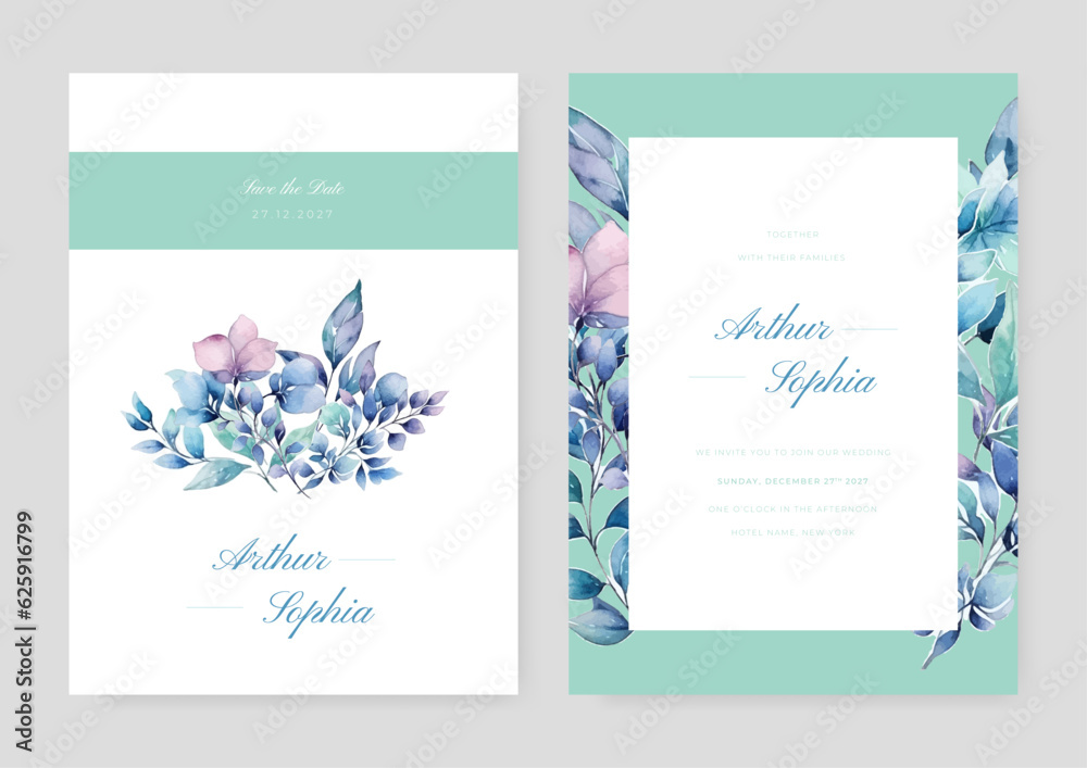 Wedding invitation template set with beautiful floral and leaves decoration