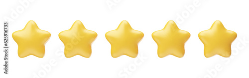 Five golden glossy stars 3d realistic style rendering. Positive  excellent customer rating feedback  game achievement  best service vector illustration isolated on white background