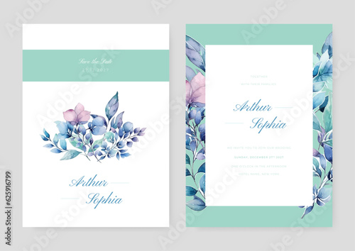 Wedding invitation template set with beautiful floral and leaves decoration