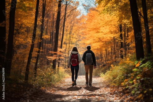 Engage in outdoor activities, a couple hikes through the forest on a path in autumn, the leaves are yellow on the trees © Dragan