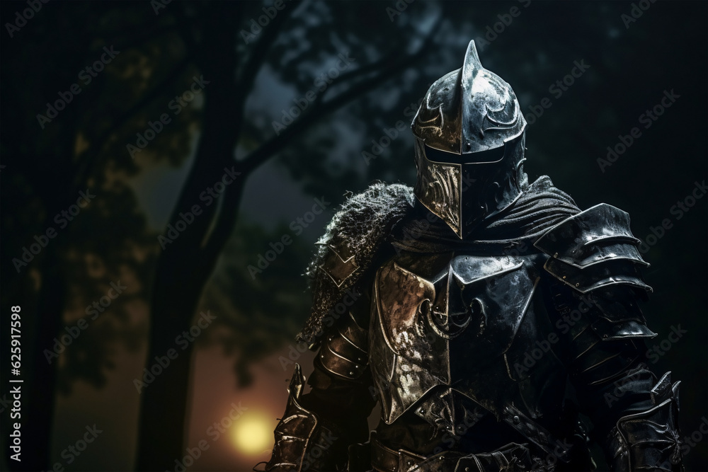 Close-up of a Knight in Armor Standing in the Dark, Generative AI