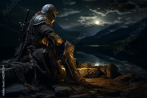 Enchanting Night Scene: Arafed Knight Serenely Resting on Rock by Lake, Generative AI