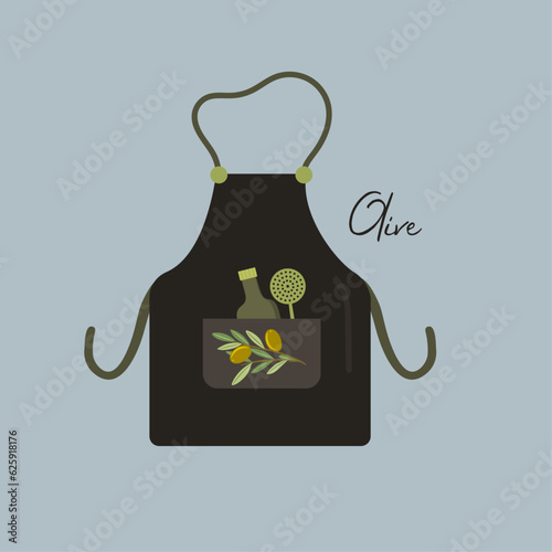 Apron for Kitchen Cooking with Olive Bottle  and  Mesh Skimmer	