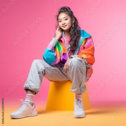 Gen-z beautiful asian fashionable female, wearing neon stylish clothes, happy, smiling, retro style in the style of Vaporwave fashion