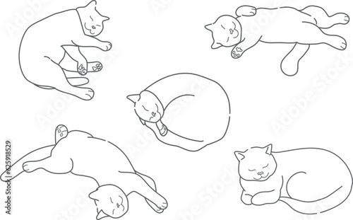 Contour drawing of a sleeping cat in various poses. Cat is sleeping in different positions. Empty contour isolated on a white background. Vector illustration