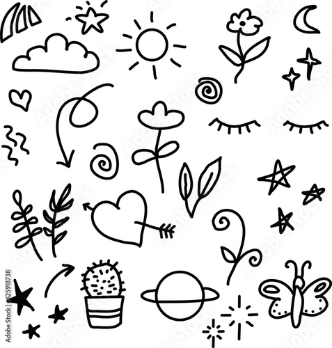 Hearts, sun, clouds, arrows flowers moon and stars in doodle style vector.  Abstract arrows, ribbons and other handmade style elements for concept design. Doodle Illustration. Vector template for deco