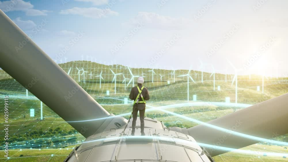 Caucasian Male Green Energy Engineer Using Laptop On Top Of Wind Turbine. Man Inspecting An Industrial Wind Farm. 3D Animated Visualization Of Sustainable Energy Being Generated. Zoom Out Backview.