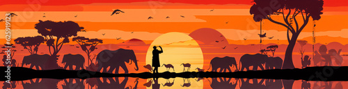 Stunning Sunset Scene with Man and Animals in Water  Generative AI
