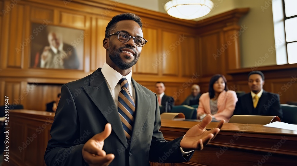 Lawyer black man in court room presents side interests in dispute