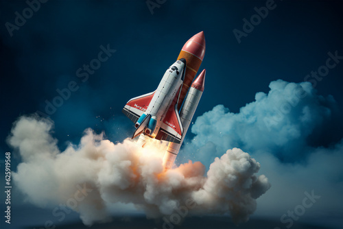 Red and White Rocket Soaring Through Clouds, Generative AI
