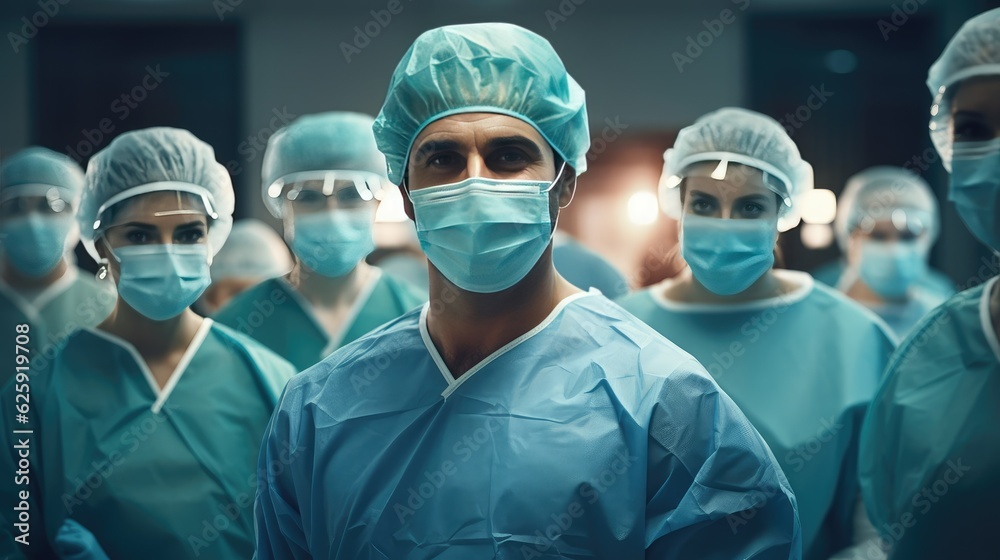 Surgeon team in surgical operating room, talented surgeons wearing medical masks successfully performed complex surgery on patient, group portrait of physicians in medical coat and cap, generative AI