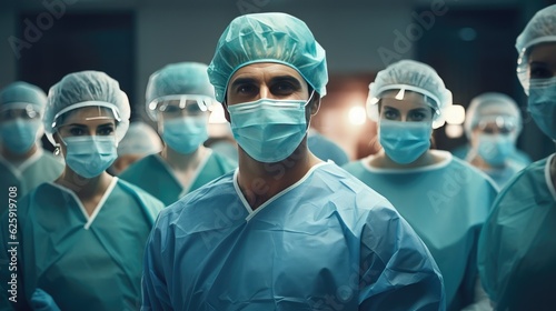 Surgeon team in surgical operating room  talented surgeons wearing medical masks successfully performed complex surgery on patient  group portrait of physicians in medical coat and cap  generative AI