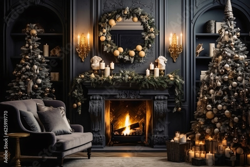 Cozy Christmas Vibes: Close-Up of Living Room Christmas Tree with Fireplace, Generative AI © Bipul Kumar