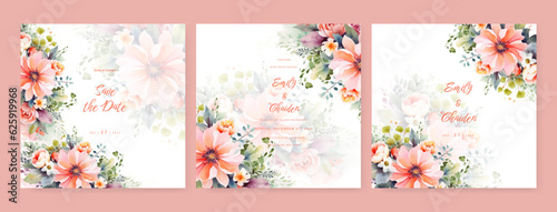 Watercolor wedding invitation template with pink white floral and leaves decoration