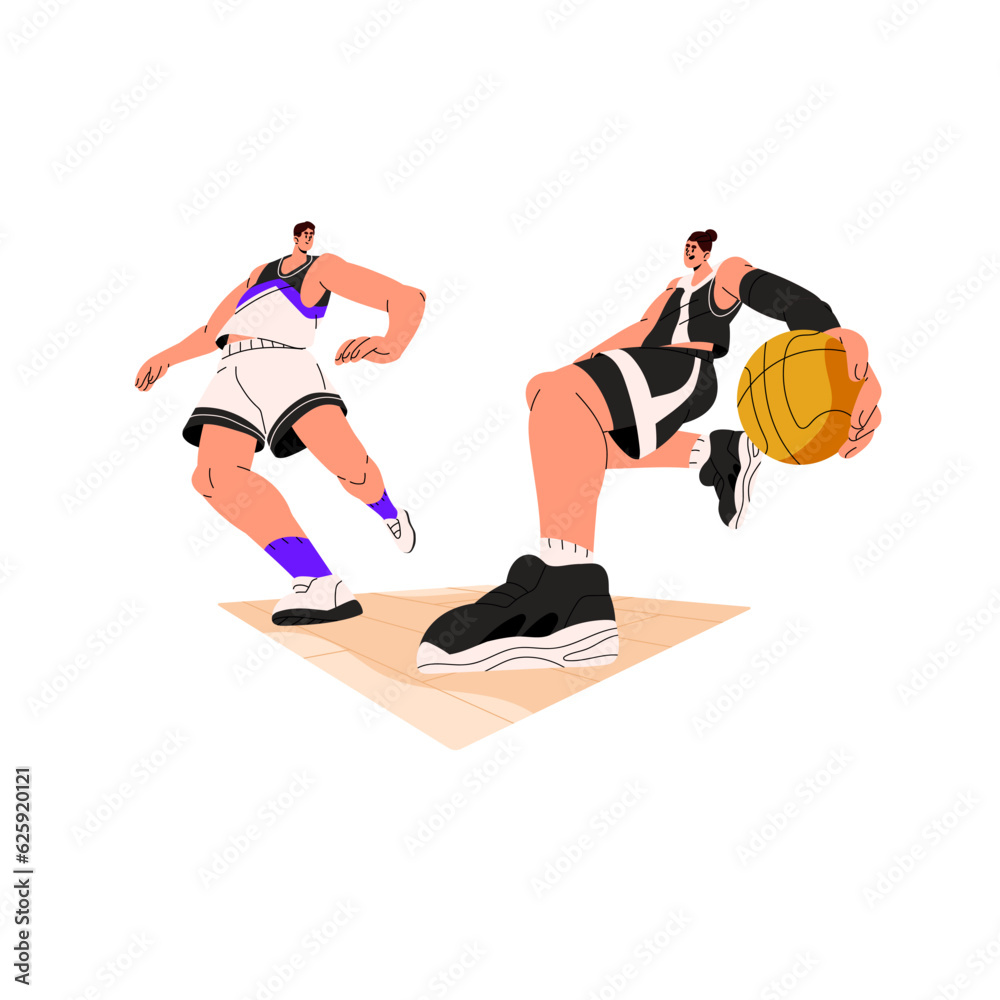 Players athletes play basketball at sport game competition. Rivals competitors fighting, struggling for ball at tournament, championship, match. Flat vector illustration isolated on white background