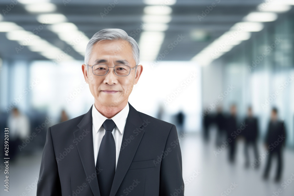 Asian professional business elder man standing and smile in blur office background Asian professional business elder man standing and smile in blur office background