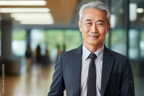 Asian professional business elder man standing and smile in blur office background