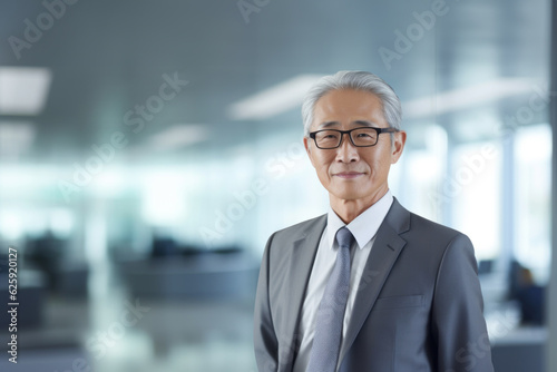 Asian professional business elder man standing and smile in blur office background