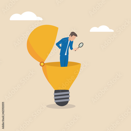 Business analysis or report, information or statistic, search for market growth, economic or improvement idea generating concept, businessman look through magnifying glass for idea