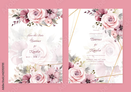 Watercolor wedding invitation template with pink white floral and leaves decoration