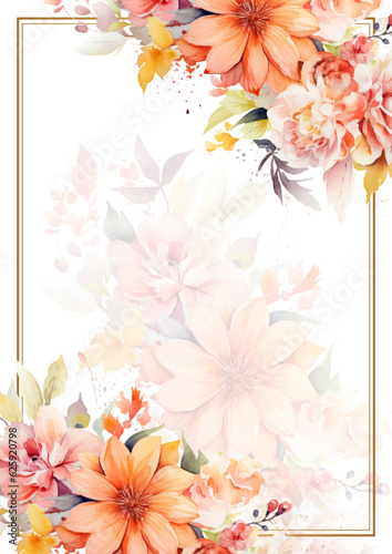 Floral border, greeting card with flowers, can be used as invitation card for wedding, birthday and other holiday and summer background, watercolor peonies