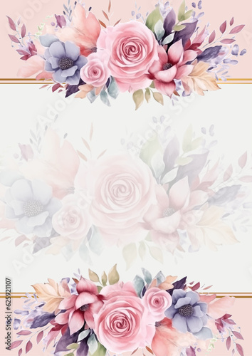 Floral border, greeting card with flowers, can be used as invitation card for wedding, birthday and other holiday and summer background, watercolor peonies
