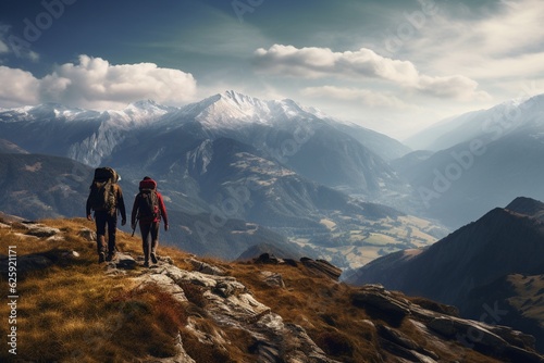Photograph of people hiking in mountains with panoramic views, Generative AI