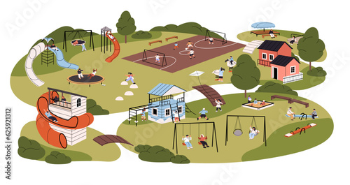 Children playing outdoor at playground, kindergarten park. Kids funs and activities, swings, sandbox, games area in nature in summer. Flat graphic vector illustration isolated on white background