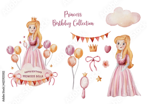 princess birthday collection watercolor illustration clipart
