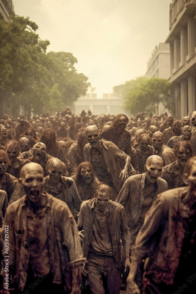 Apocalyptic Scene: Massive Horde of Zombies Invade City Streets, Generative AI