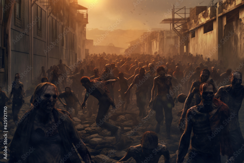Apocalyptic Scene: Zombies Roaming City Streets at Sunset, Generative AI
