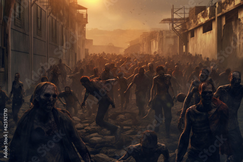 Apocalyptic Scene: Zombies Roaming City Streets at Sunset, Generative AI