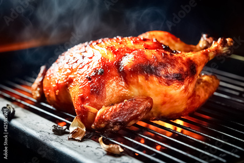 Grilled whole spatchcock chicken on grill. 