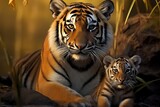 Tiger and Bengal Tiger Cub Illustration. Generative AI