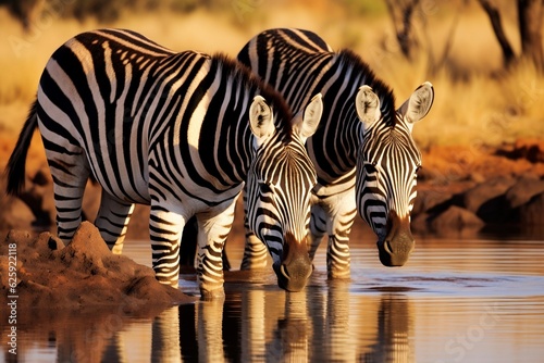 Wild Zebras Gathering at a Watering Hole. Generative AI