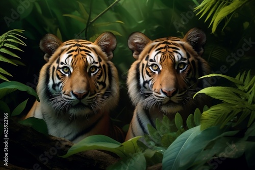 Two Bengal Tigers in the Jungle. Generative AI
