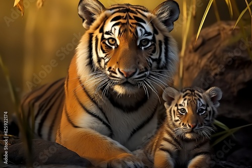 Tiger and Bengal Tiger Cub Illustration. Generative AI