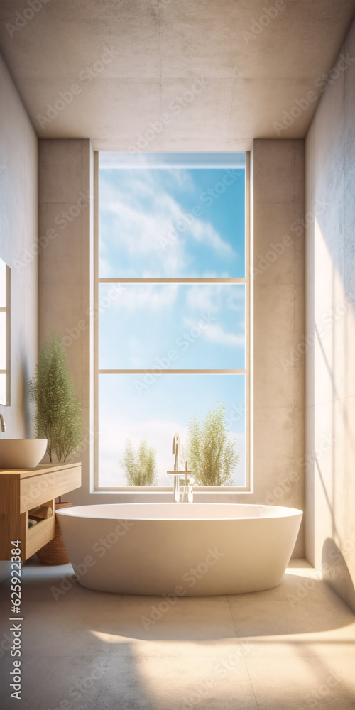 Spacious Bathroom with Large Bathtub and Window, Generative AI